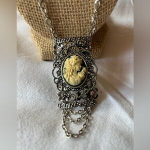Vintage Victorian Style Cameo with Flowers Necklace Silvertone Gunmetal Patina